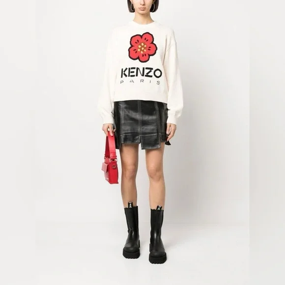 KENZO Logo Comfort Wool Sweater In White Size M